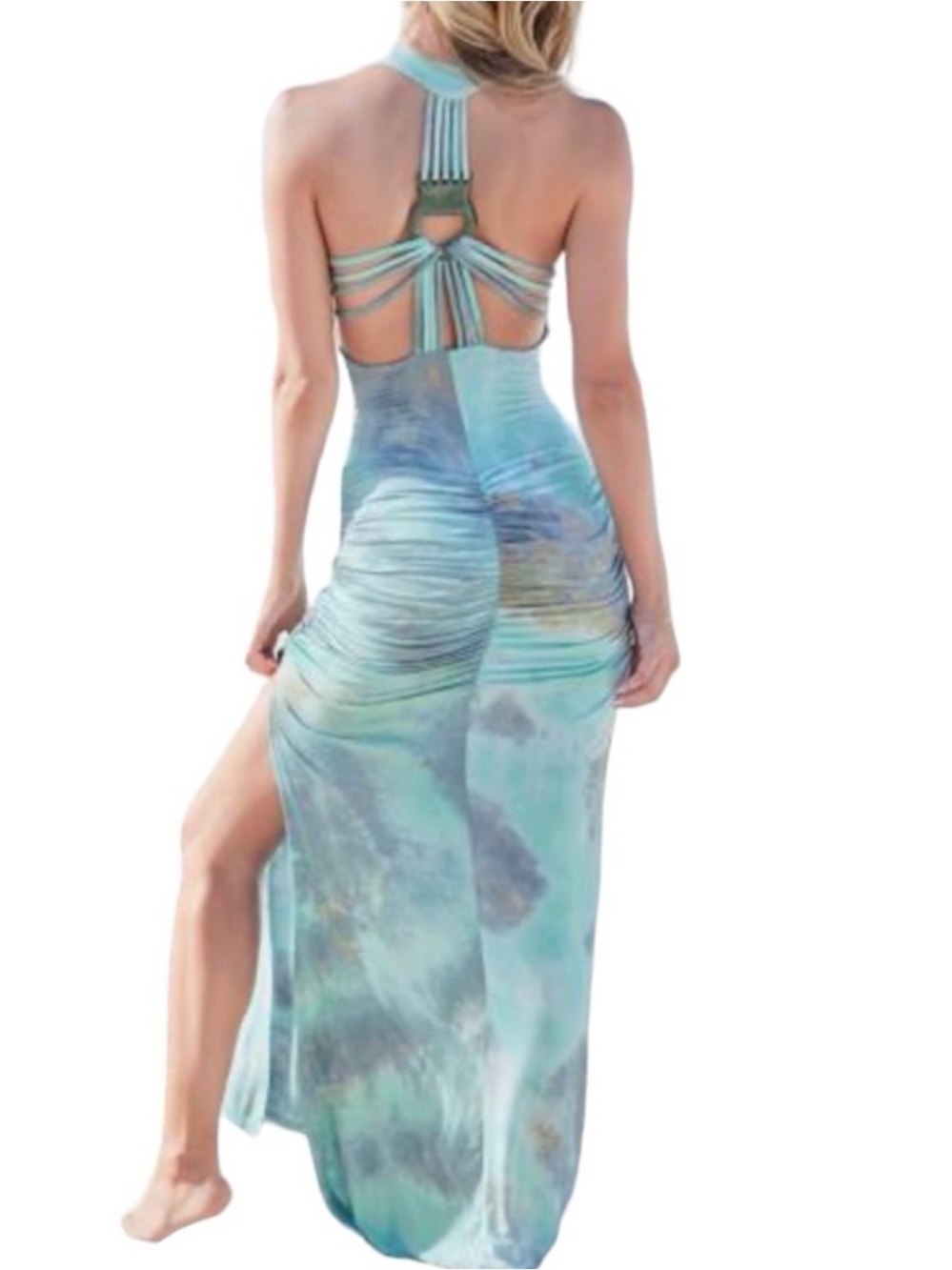 NEW! VENUS XS halter open back abstract multicolor tie dye  maxi dress bodycon